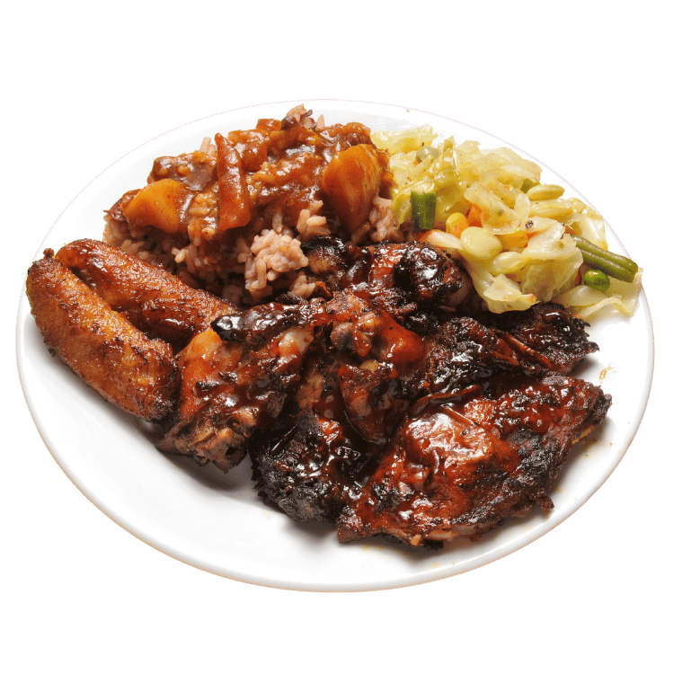 Plate of Jerk Chicken and other foods.